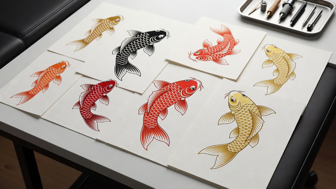 Design di tatuaggio pesce koi nero e oro che rappresenta il superamento delle difficoltà e la prosperità