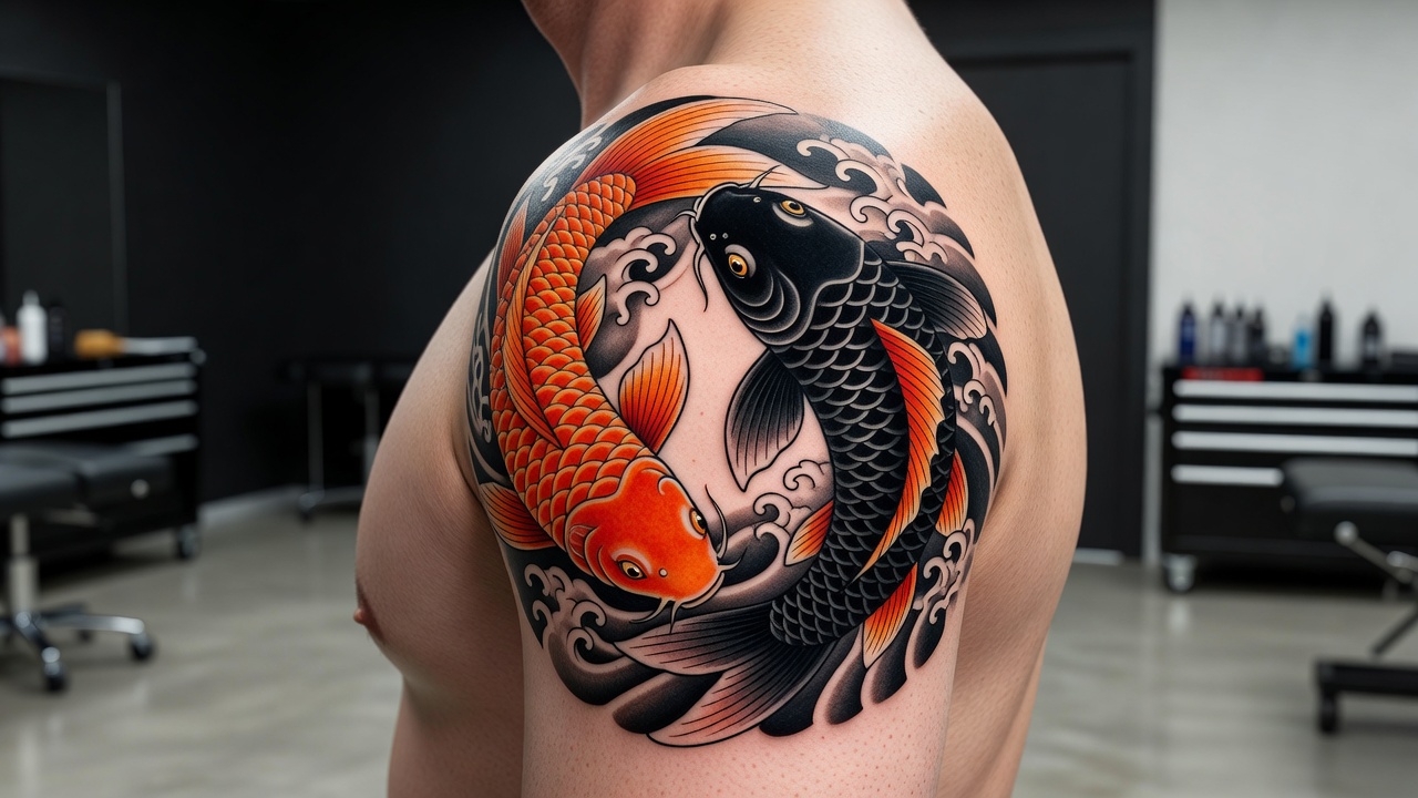 Coppia di tatuaggi pesce koi in un cerchio yin yang che rappresenta amore unione ed equilibrio