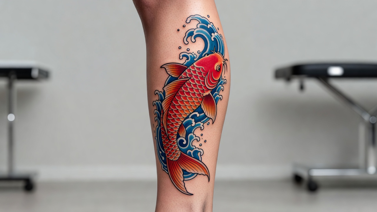 Tatuaggio pesce koi che scorre lungo polpaccio e stinco rappresentando perseveranza e movimento verso l'alto
