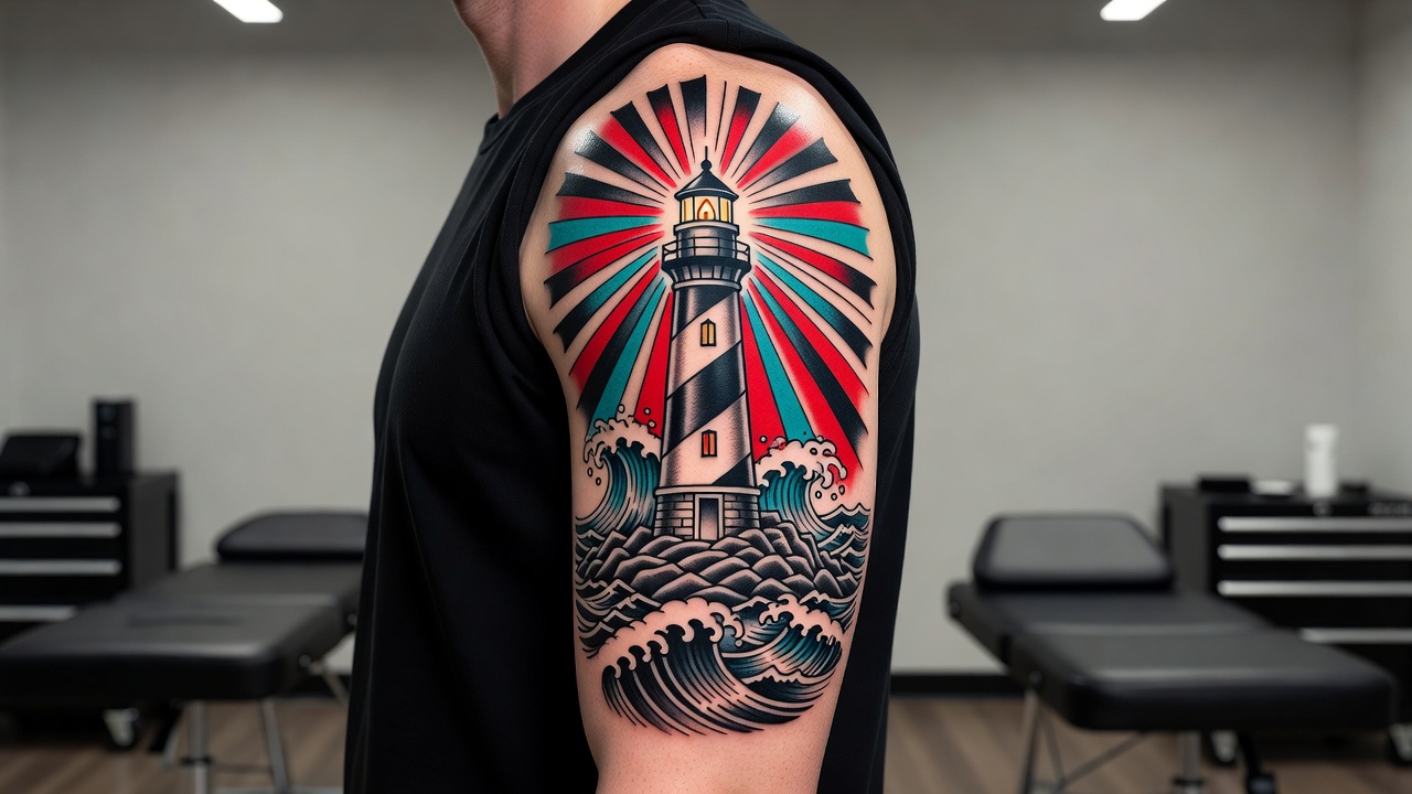 Traditional style lighthouse tattoo with a stormy sea on the upper arm, a lighthouse tattoo design idea