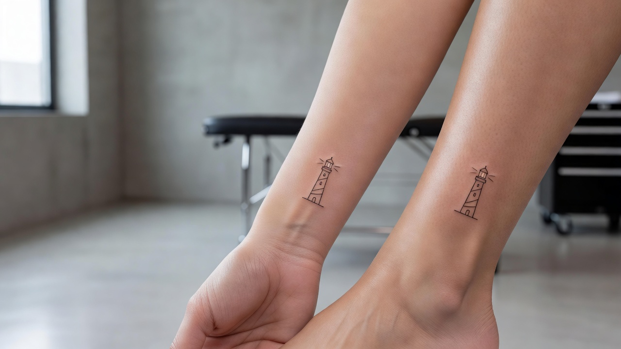 Tiny fine line lighthouse tattoos on the wrist and ankle, small lighthouse tattoo placement ideas