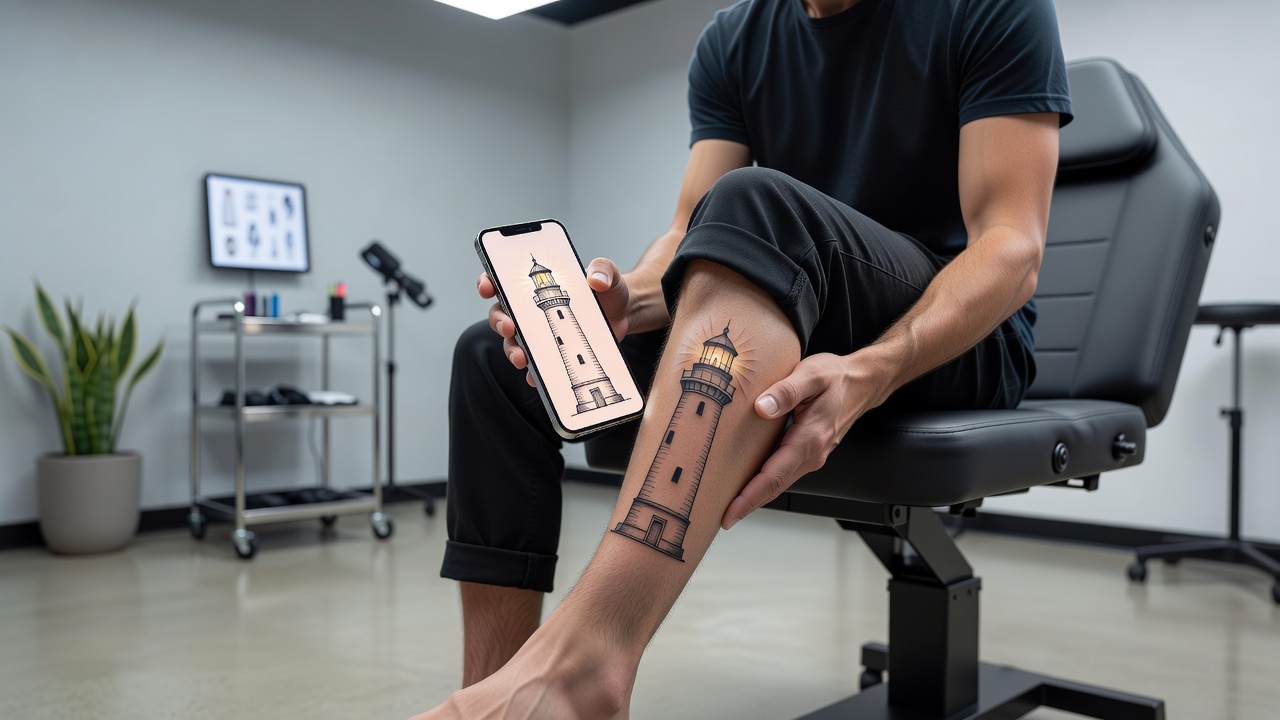 Previewing a lighthouse tattoo design on the calf with a smartphone before booking an artist