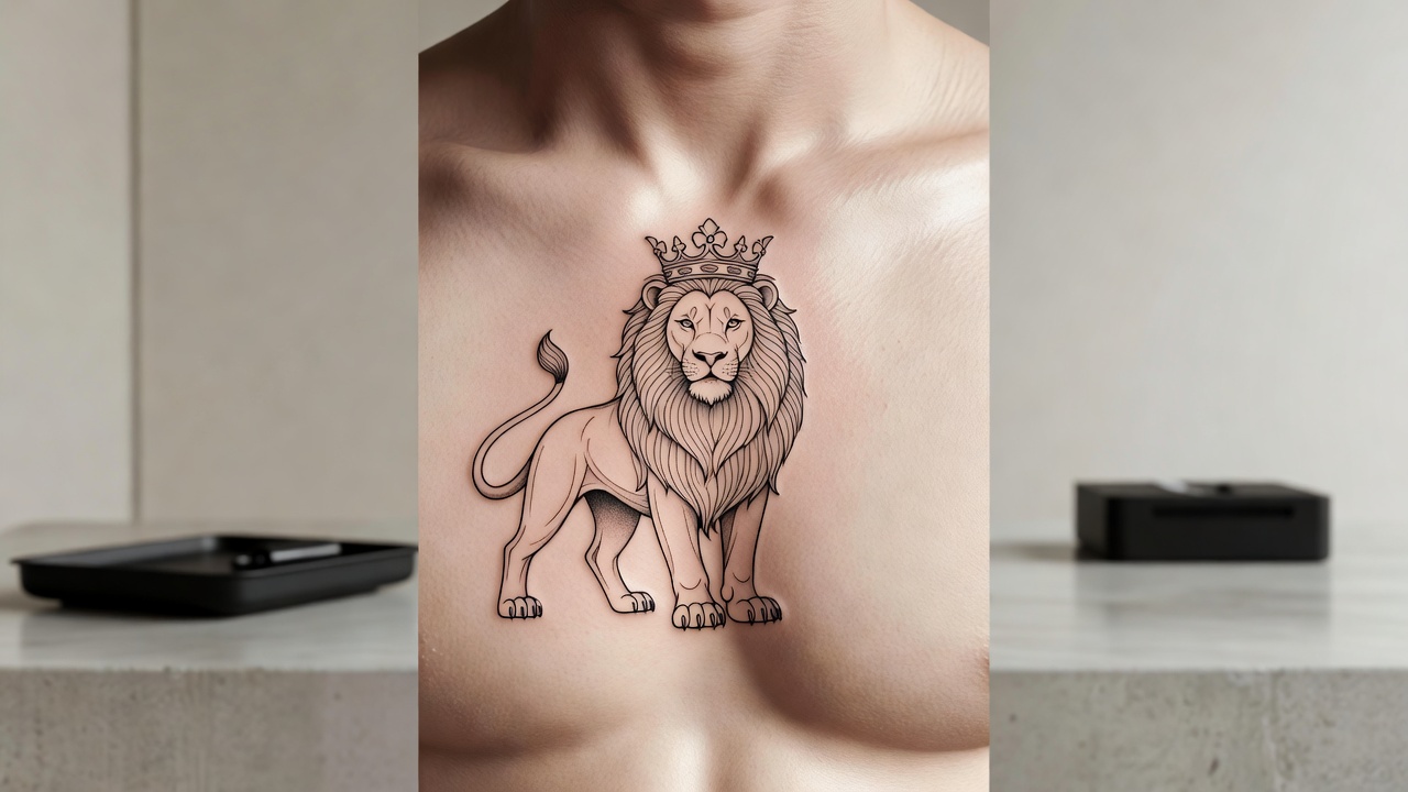 Tatouage de lion couronné majestueux dans un style héraldique représentant royauté leadership et noblesse
