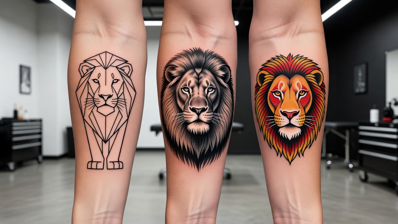Designs de tatouage lion géométrique réaliste et traditionnel présentés ensemble illustrant comment le style change la signification