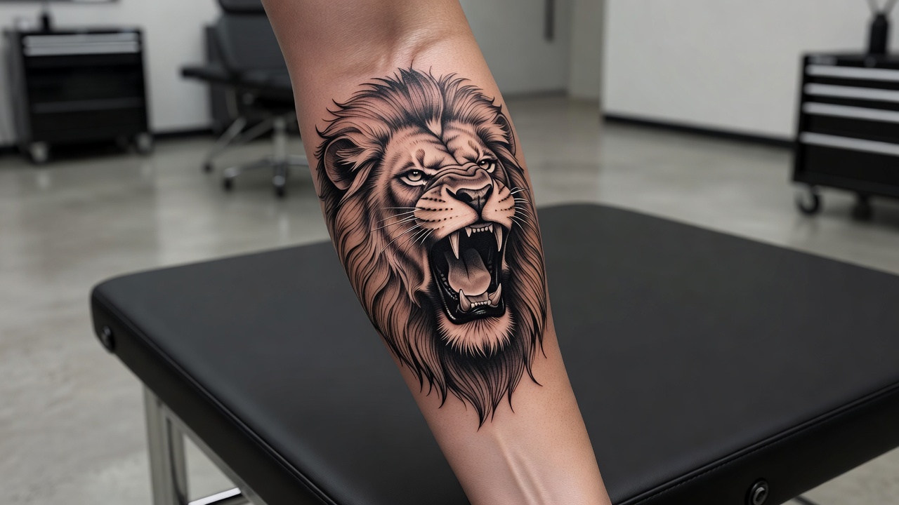 Tatouage audacieux de lion rugissant sur un avant-bras représentant puissance courage et intrépidité