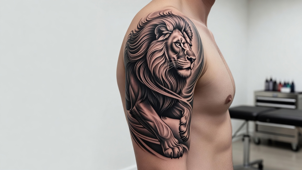 Tatouage de lion détaillé s'étendant sur le haut du bras et l'épaule comme pièce maîtresse d'une manchette