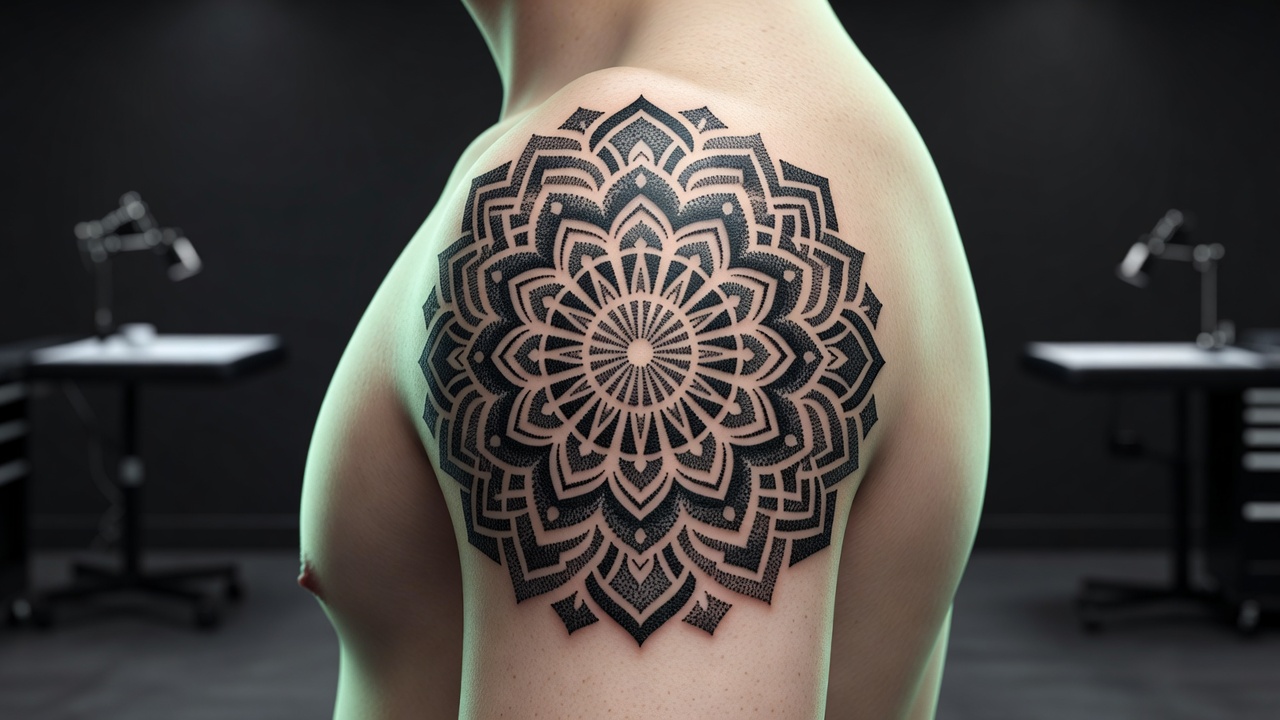 Tatuagem intrincada de mandala em dotwork preto no ombro simbolizando equilíbrio e geometria sagrada