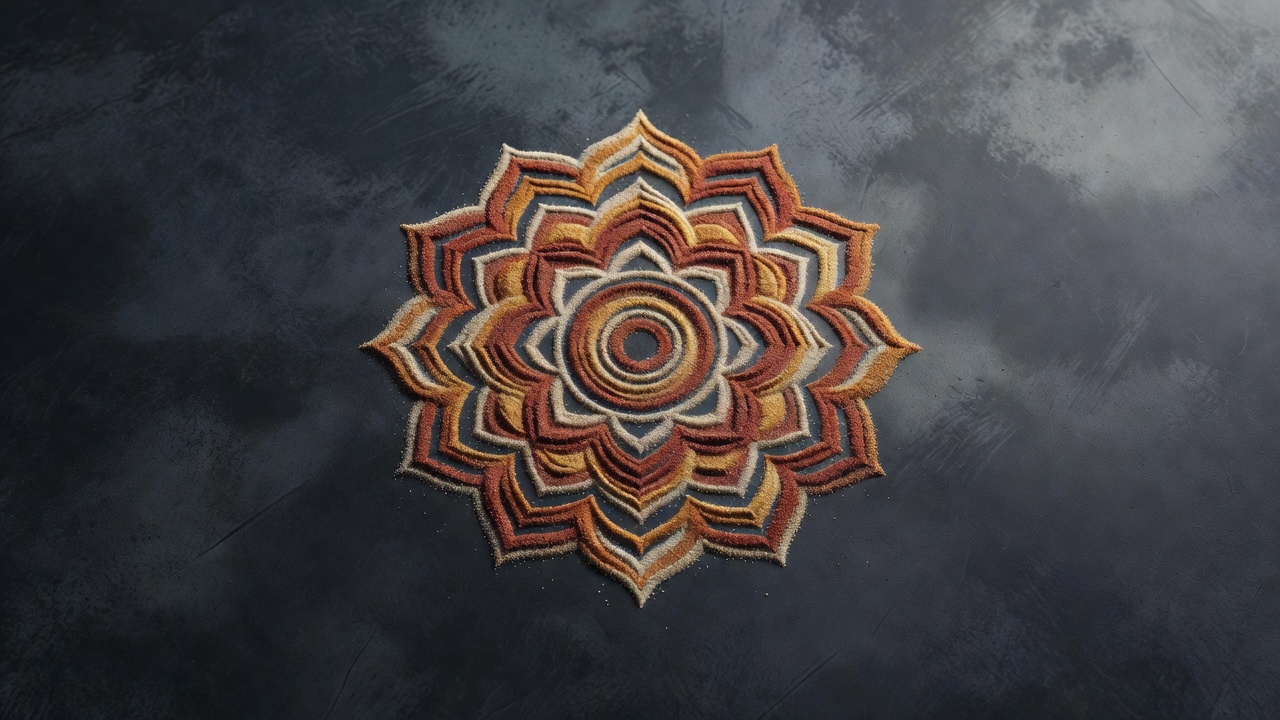 Padrão colorido de mandala de areia concêntrica representando a geometria sagrada e a impermanência do budismo tibetano