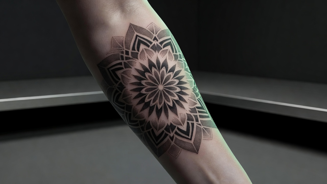 Close-up de tatuagem de mandala em dotwork de linha fina no antebraço mostrando o detalhe da geometria sagrada