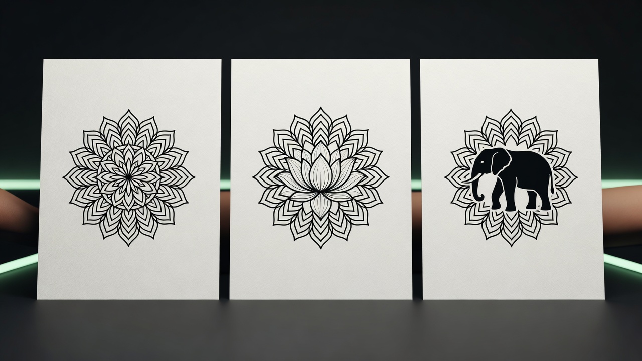 Grade de variações de design de tatuagem de mandala incluindo mandala de lótus, mandala de elefante e mandala geométrica