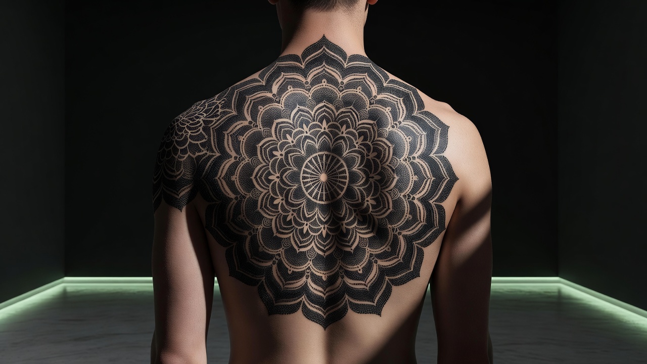 Grande tatuagem de mandala dotwork nas costas superiores e omoplata mostrando localização detalhada de geometria sagrada