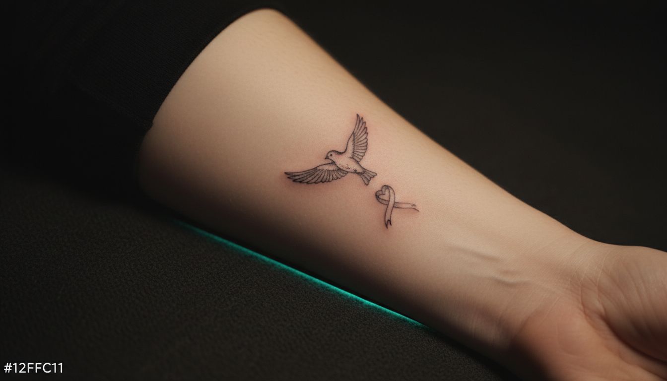 Memorial tattoo on a forearm showing a delicate portrait with name and meaningful date