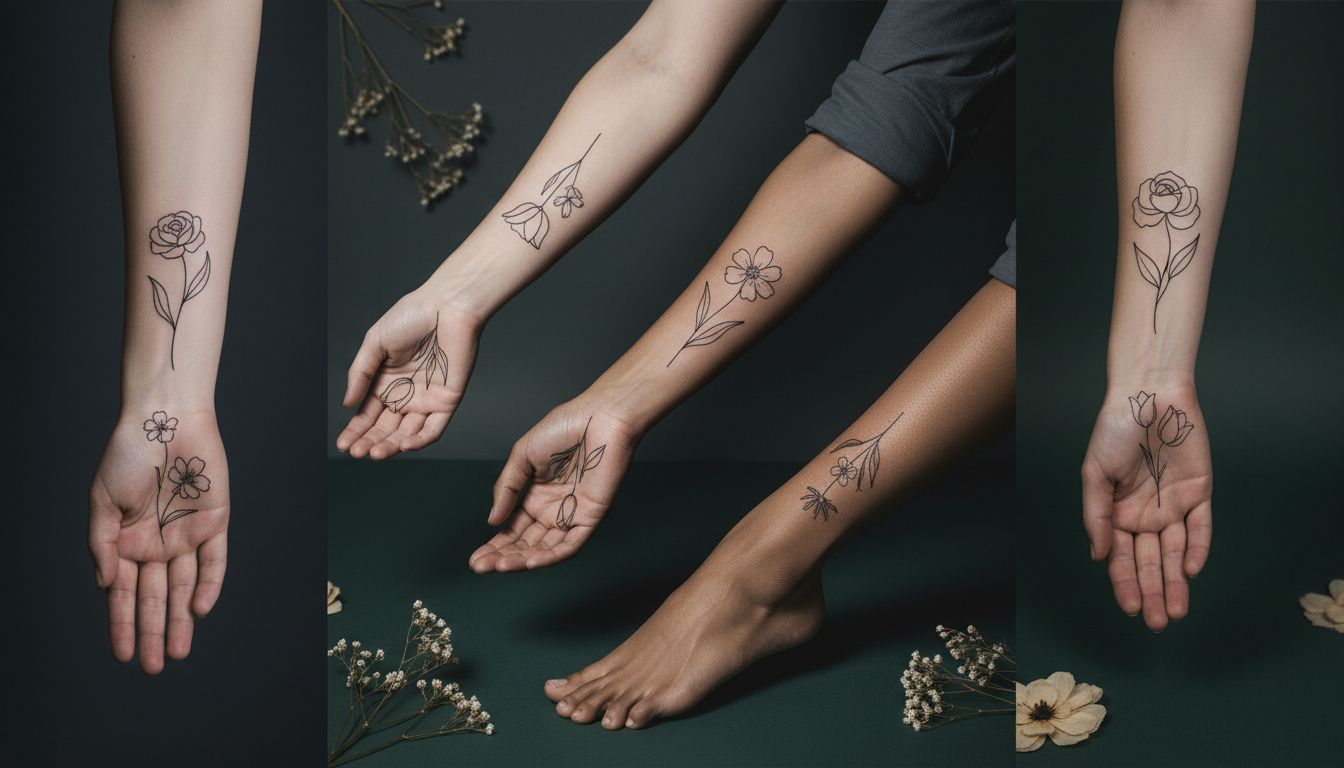 Delicate minimalist floral tattoos featuring single line flowers and fine botanical illustrations