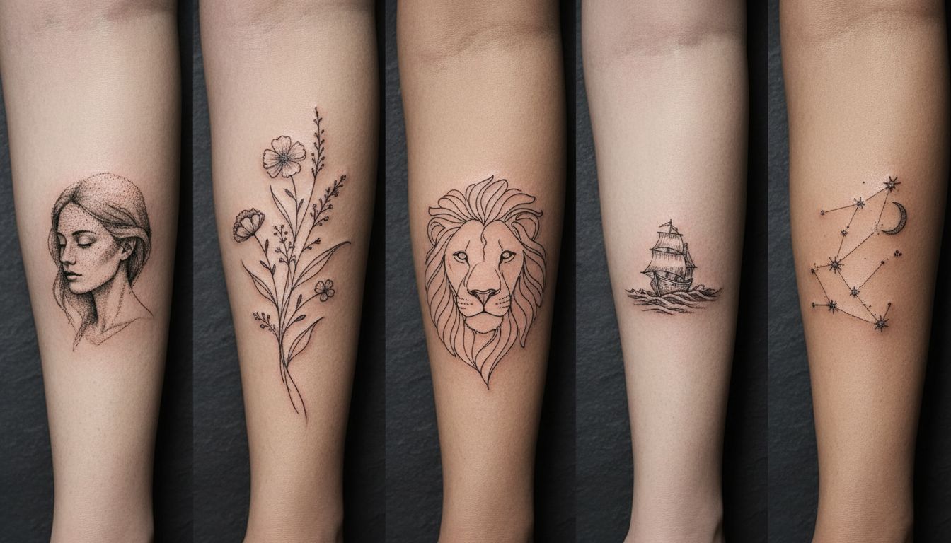 Collection of elegant minimalist tattoo designs featuring fine lines and small symbols