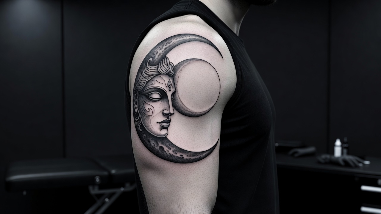 Detailed moon tattoo with mythological face design inspired by lunar deities on an upper arm