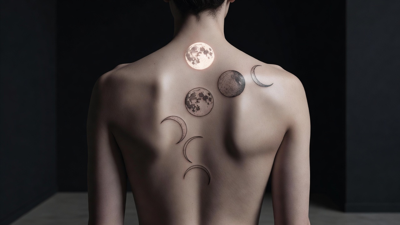 Moon phase sequence tattoo along the spine showing new crescent full and waning moon stages
