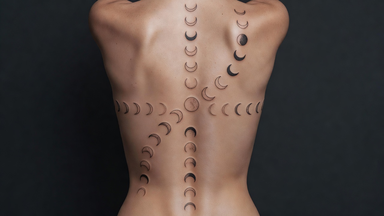 Moon phase tattoo running along the spine showing a popular placement for a lunar cycle design