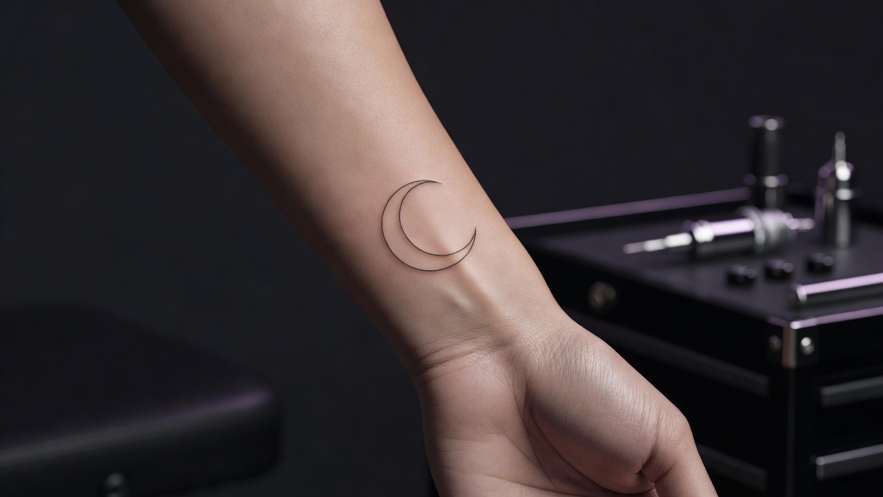 Fine line moon tattoo on a wrist representing mystery intuition and the divine feminine