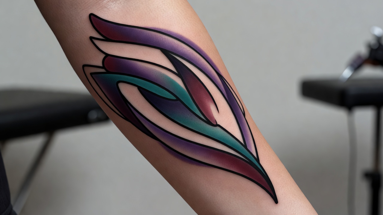 Close-up of neo-traditional tattoo shading showing gradient color blending inside bold black outlines