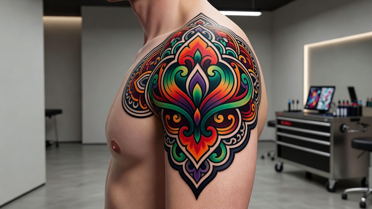 Large neo-traditional tattoo on an upper arm and shoulder with ornamental framing and bold color