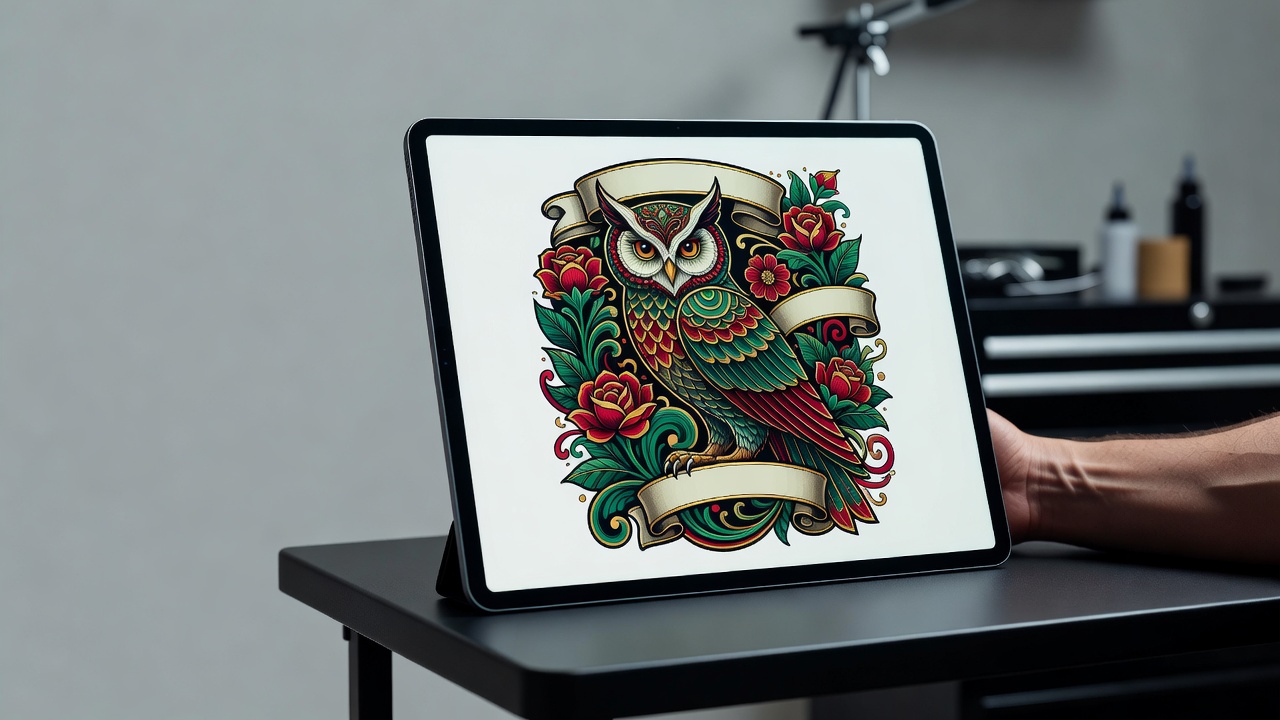Neo-traditional tattoo of an ornamental fox with decorative floral framing and rich color