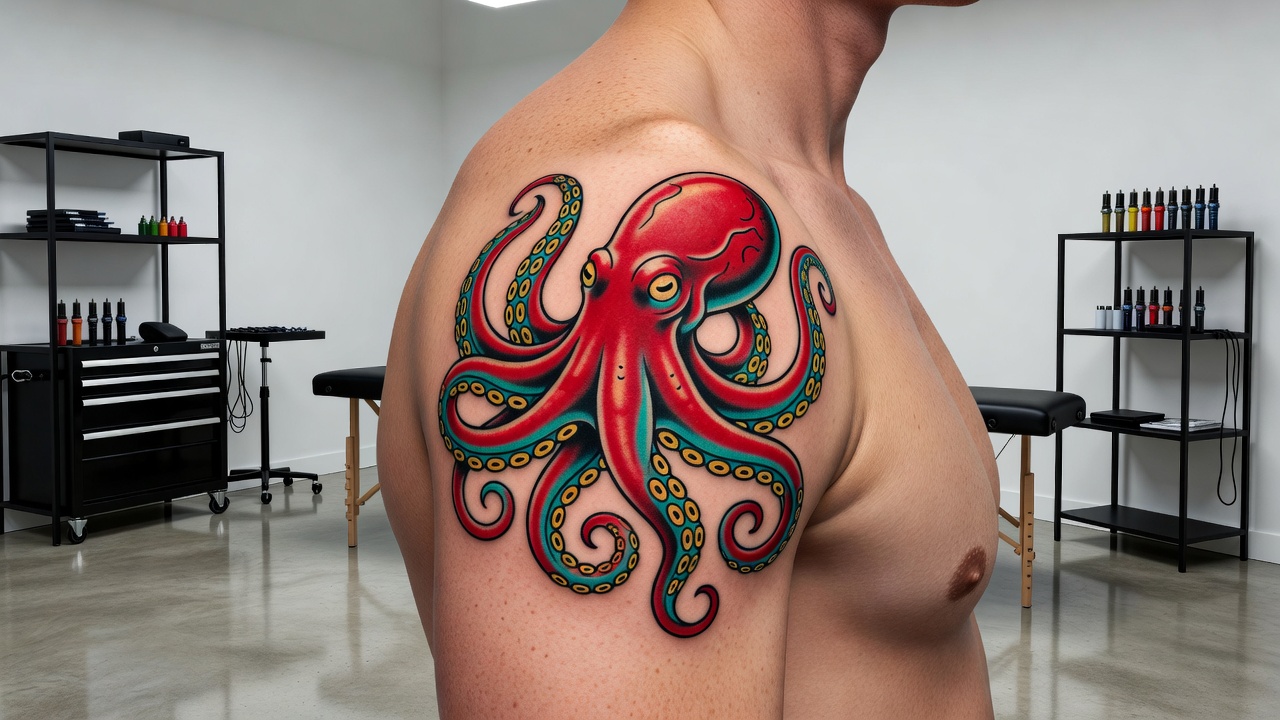 Traditional style octopus tattoo with bold outlines and a limited color palette, an octopus tattoo design idea