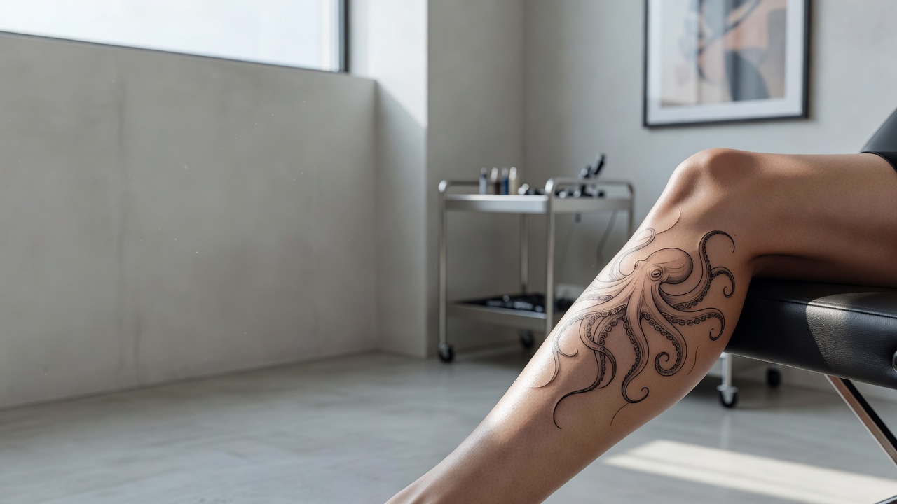 Fine line octopus tattoo with delicate curling tentacles on the calf, octopus tattoo placement idea