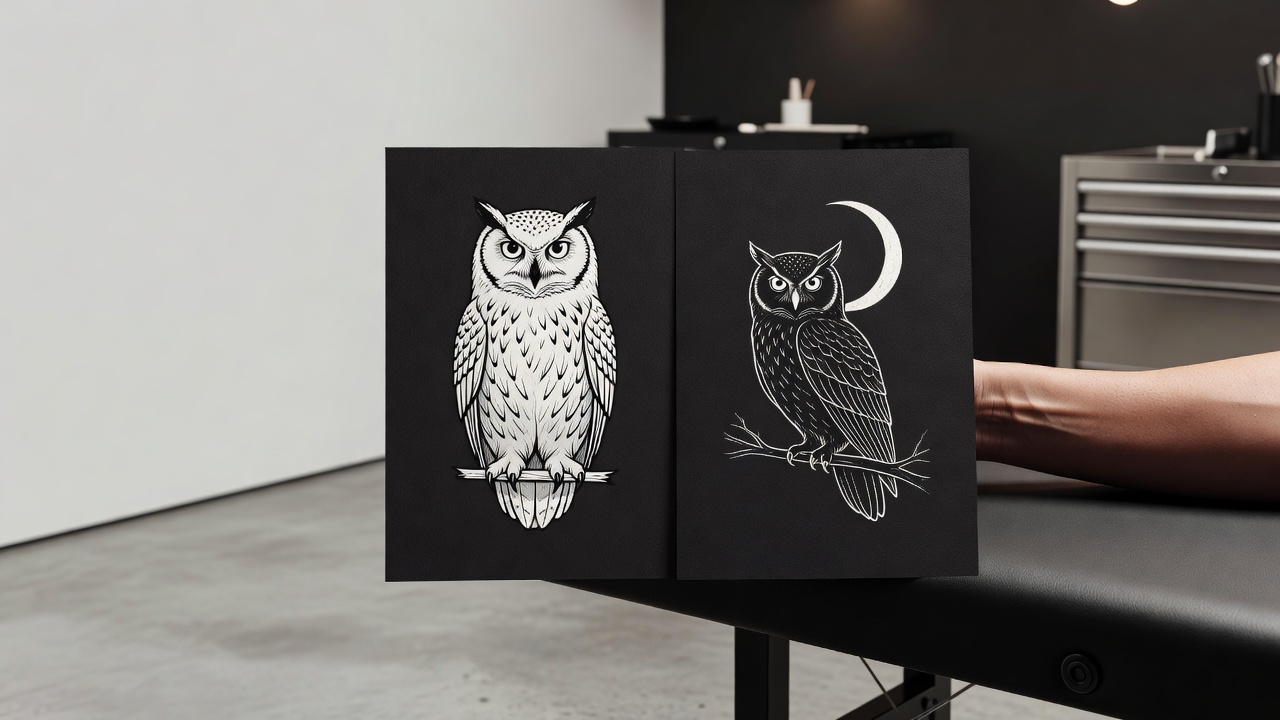 Desain tato burung hantu salju dan burung hantu dengan bulan ditampilkan bersama menggambarkan bagaimana desain mengubah makna