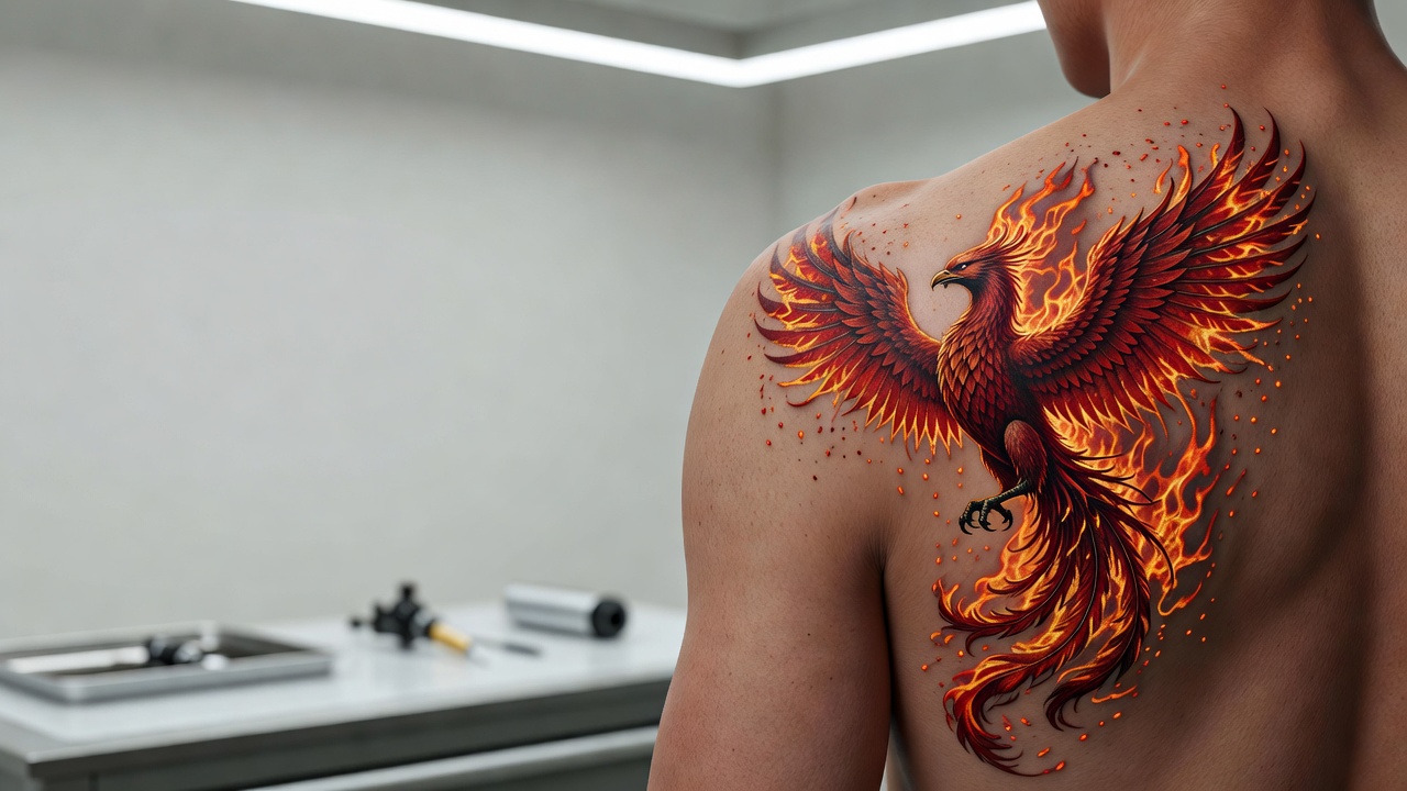 Bold phoenix tattoo rising from flames on a shoulder representing rebirth resilience and transformation