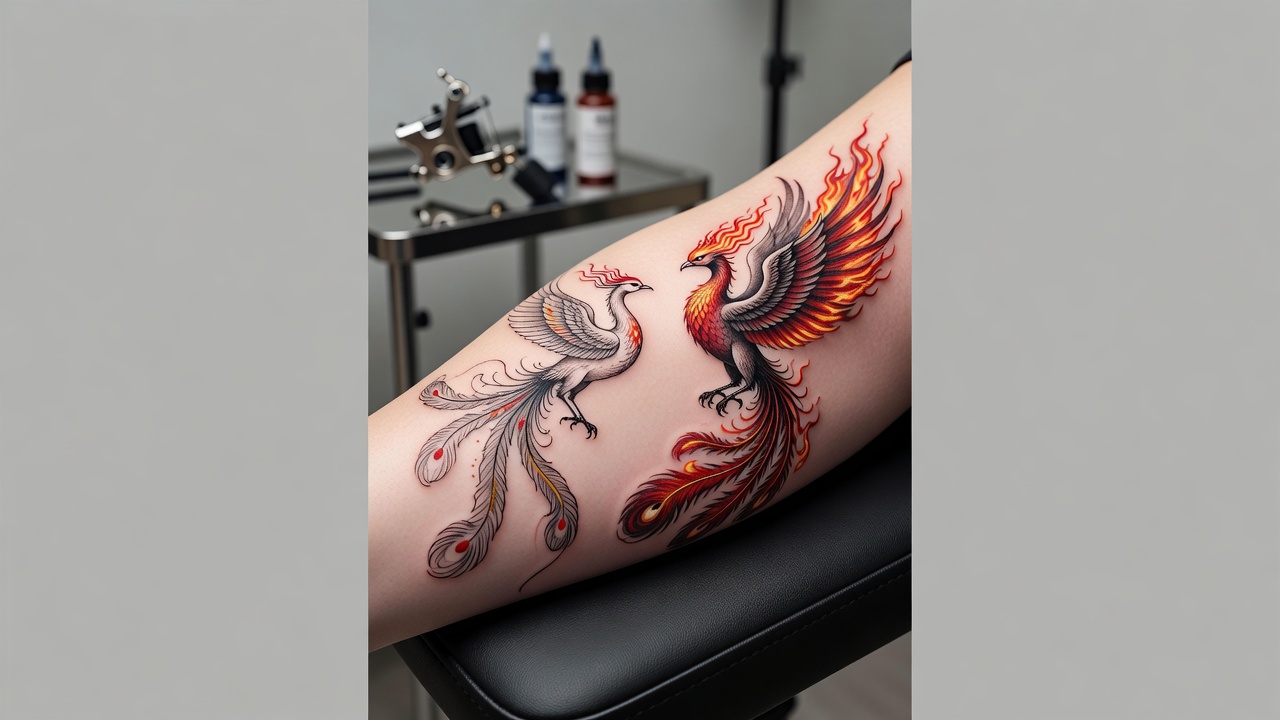 Eastern fenghuang phoenix tattoo and Western flaming phoenix tattoo shown side by side on skin