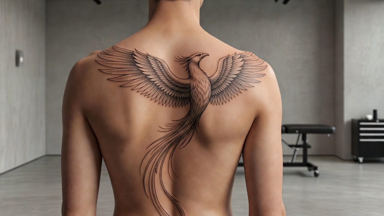Phoenix tattoo flowing across a back and shoulder following the body's natural lines