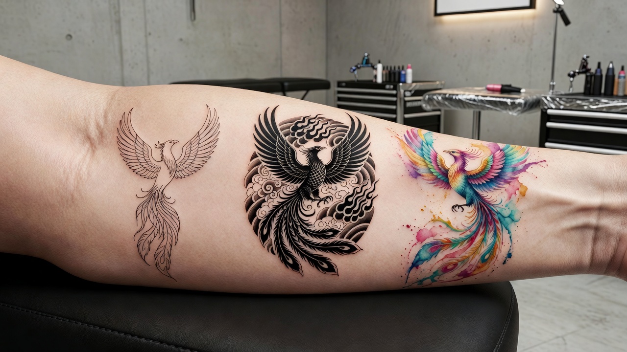 Three phoenix tattoo styles fine line Japanese irezumi and watercolor shown together on skin