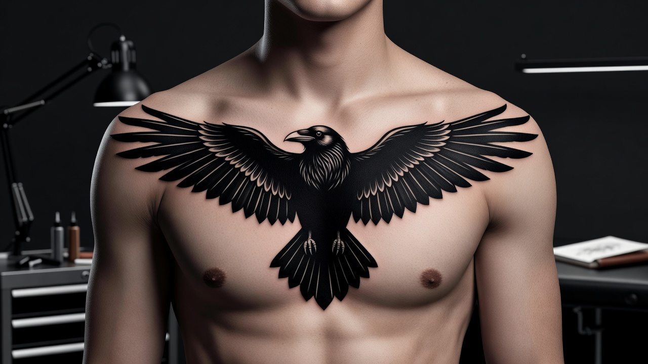 Bold raven tattoo across the chest inspired by Norse mythology and Odin's ravens