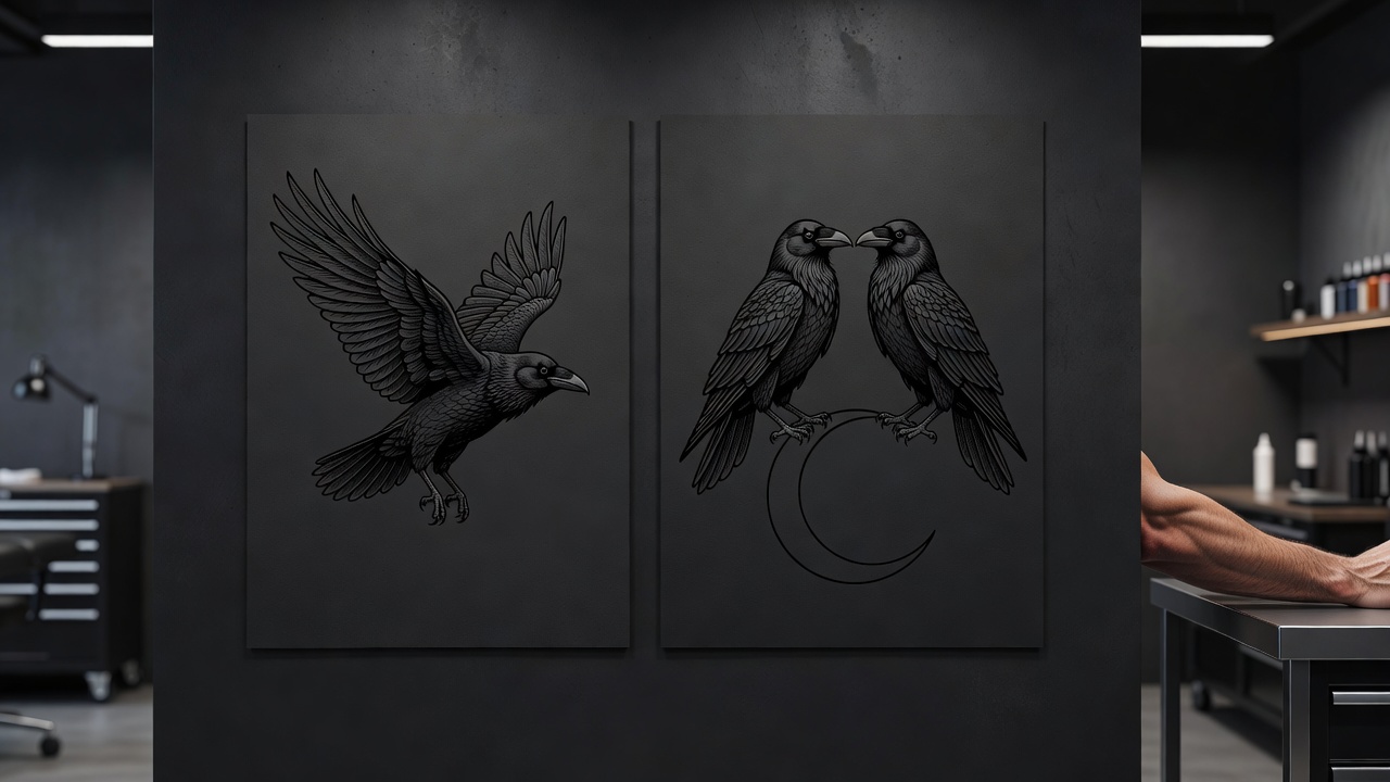 Flying raven and two ravens perched on a crescent moon tattoo designs shown together illustrating how the composition changes the meaning