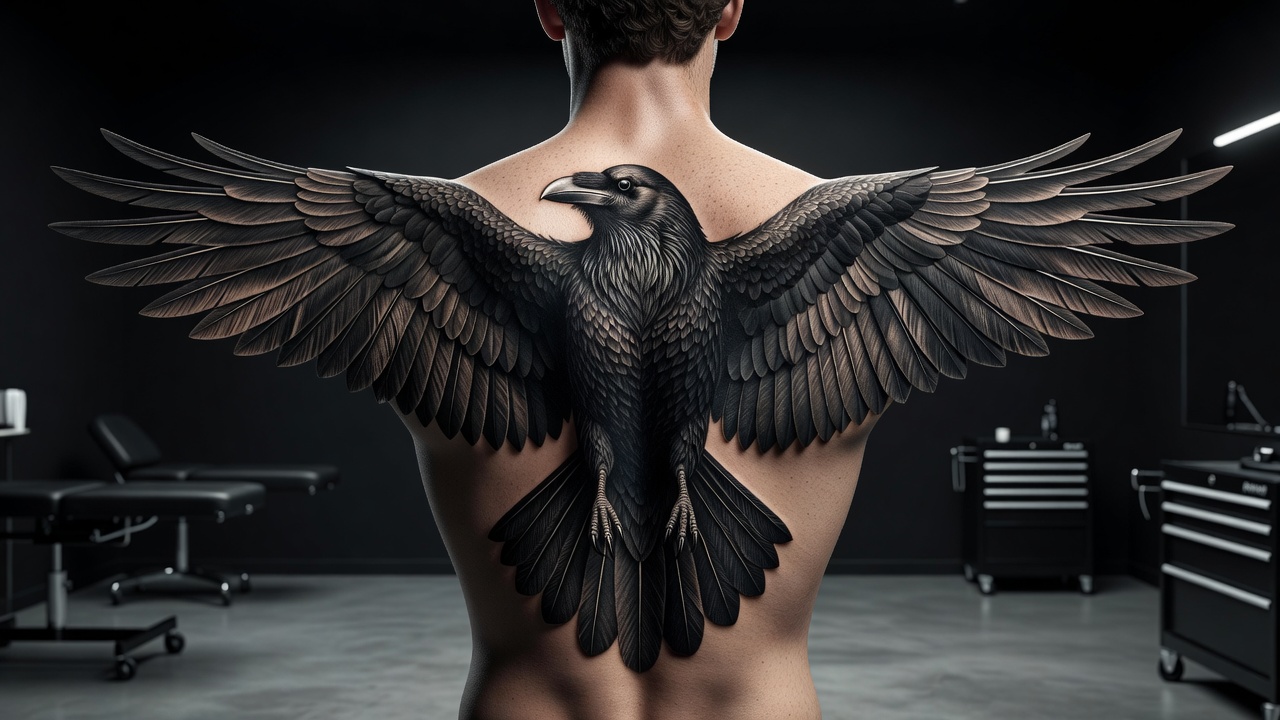 Large raven tattoo with wings spread across the back and shoulders as a dramatic centerpiece