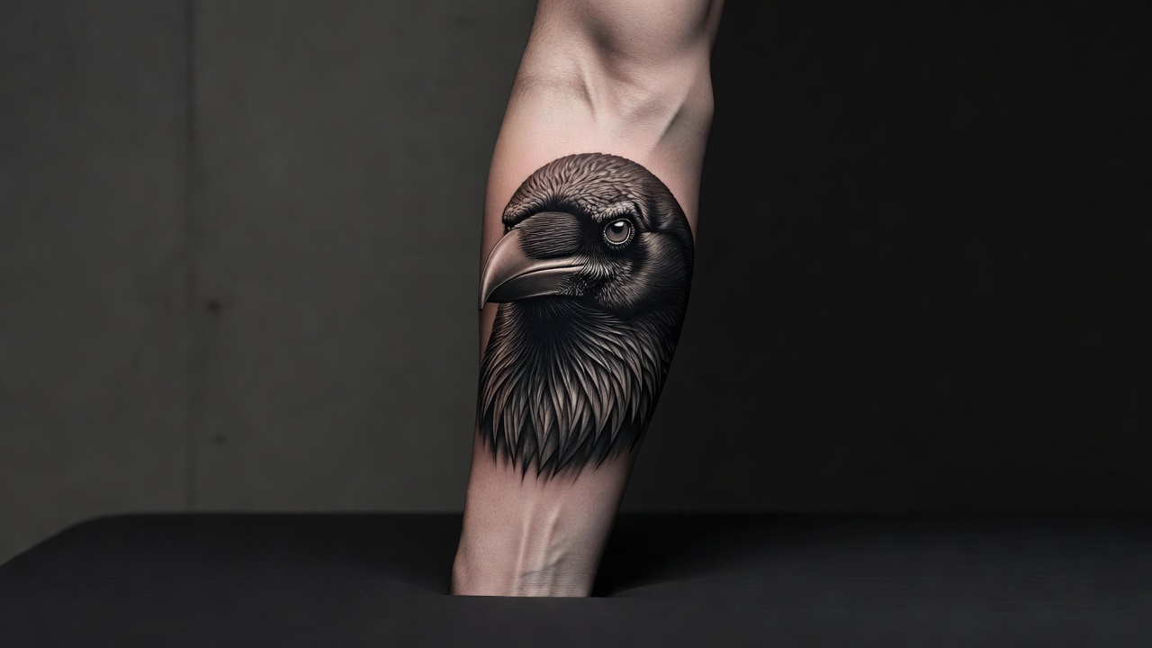 Realistic raven head tattoo on the forearm representing intelligence mystery and insight