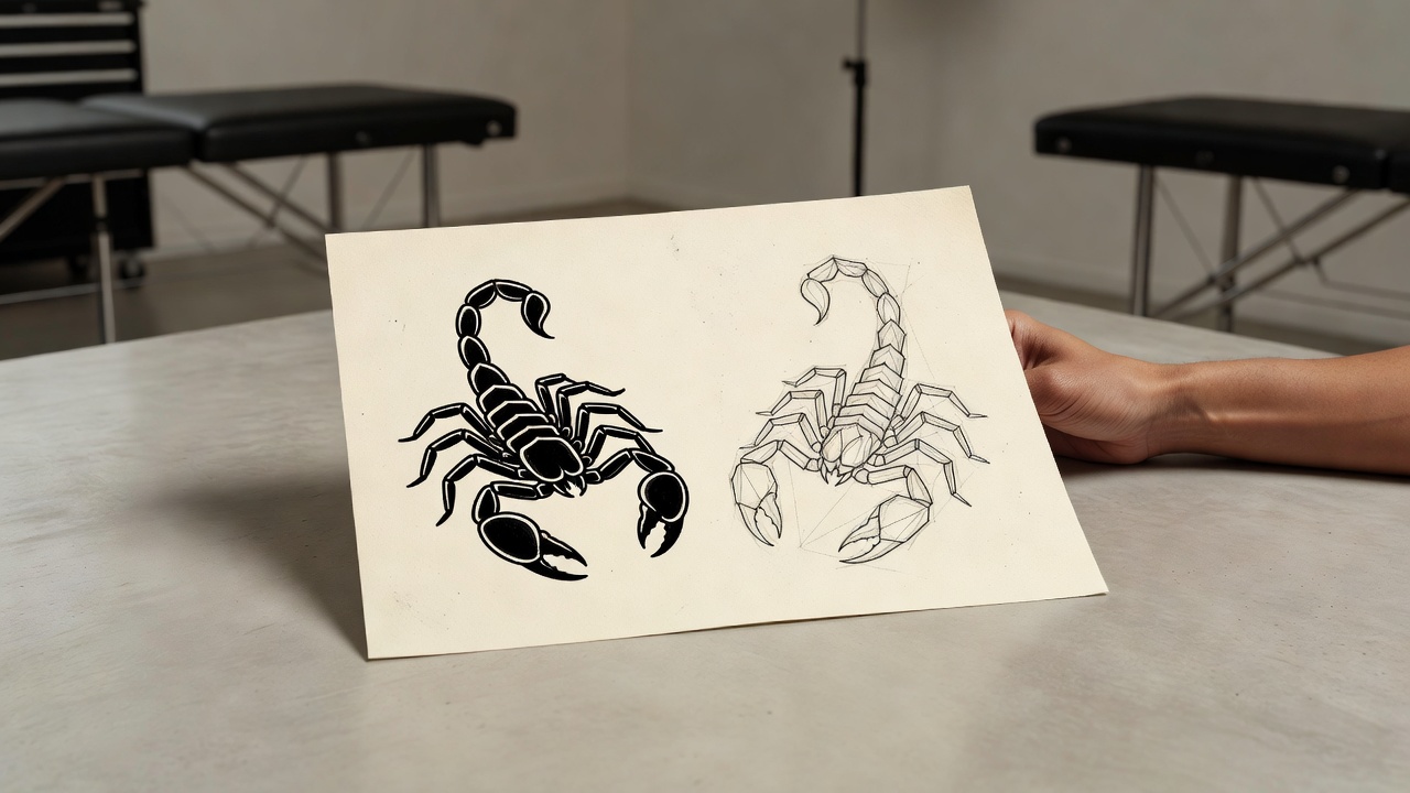 Traditional scorpion tattoo design compared with a geometric scorpion tattoo design on a flash sheet