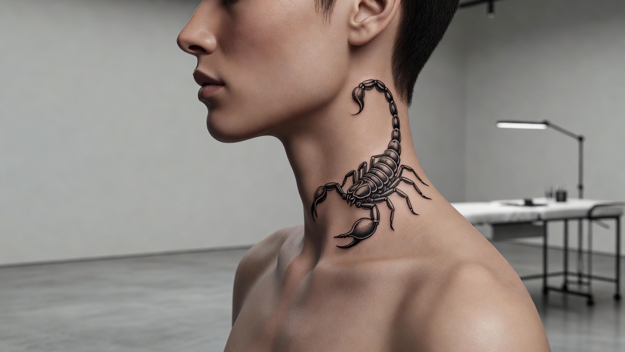 Scorpion tattoo placement on the neck and behind the ear in black ink