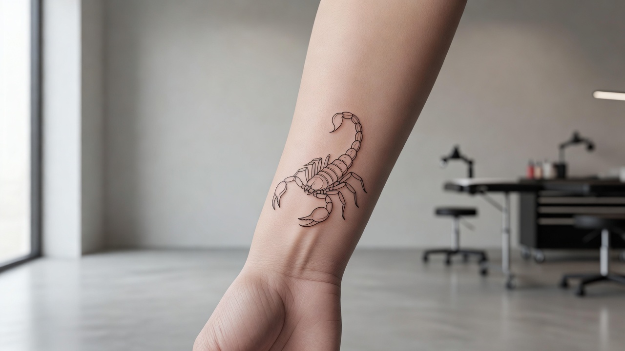Fine line scorpion tattoo on the wrist representing resilience and quiet strength