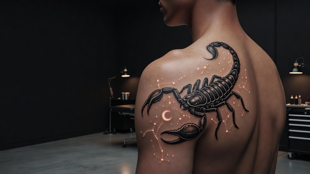 Blackwork Scorpio scorpion tattoo with a constellation and crescent moon on the shoulder