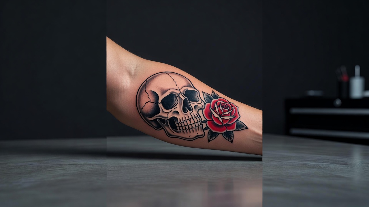 Tatuagem de caveira estilo tradicional americano com uma rosa na mandíbula representando amor e mortalidade