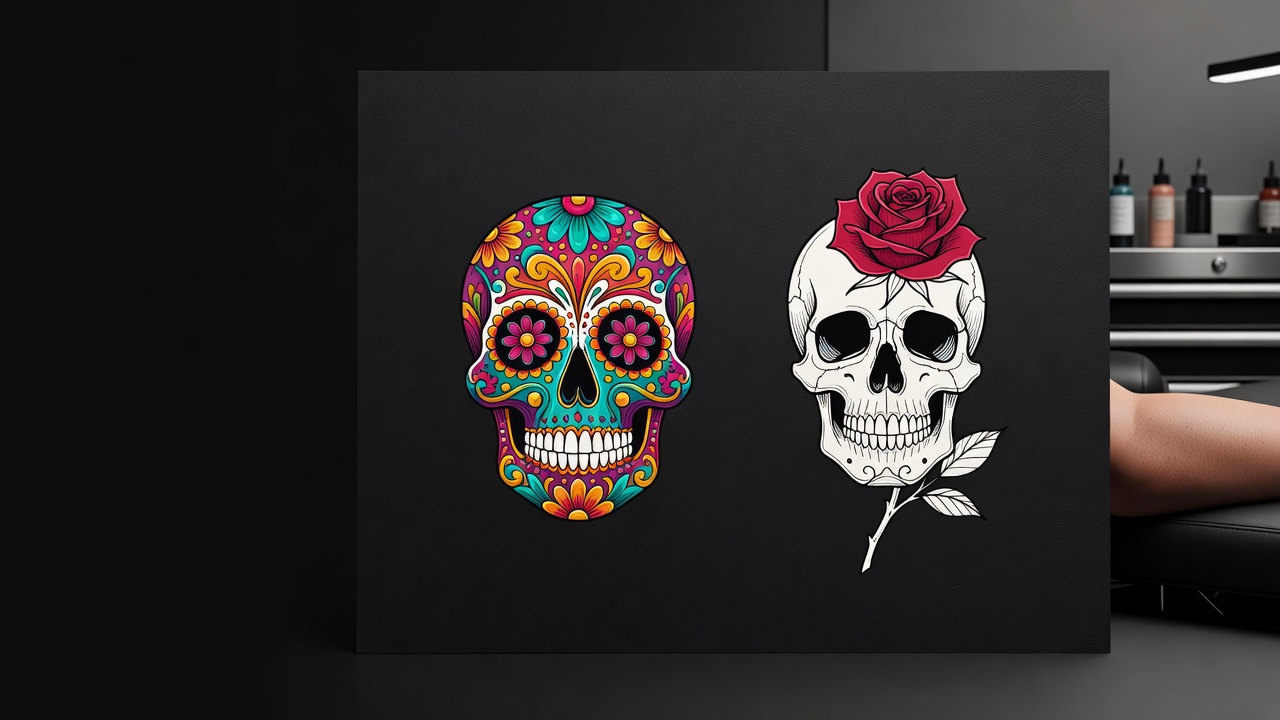 Referências de design de caveira de açúcar e caveira com rosa ilustrando como o design muda o significado