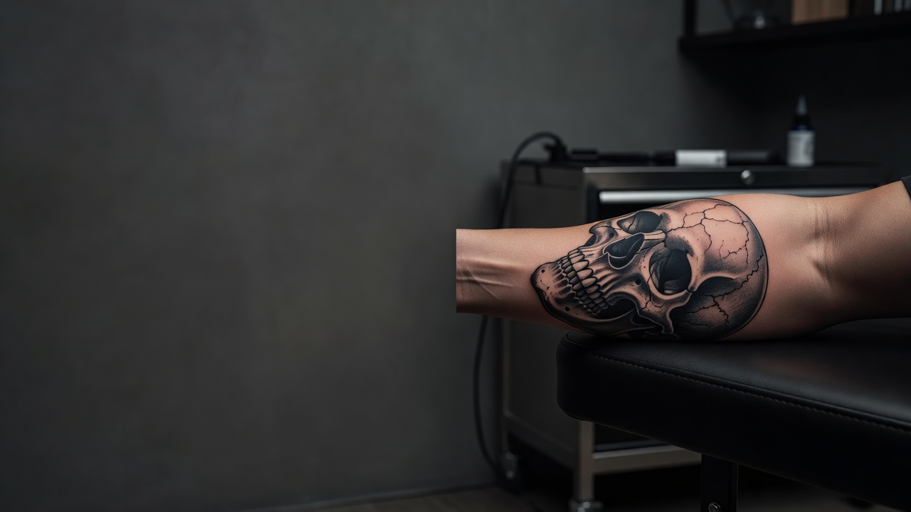Ousada tatuagem de caveira realista no antebraço representando mortalidade e força silenciosa