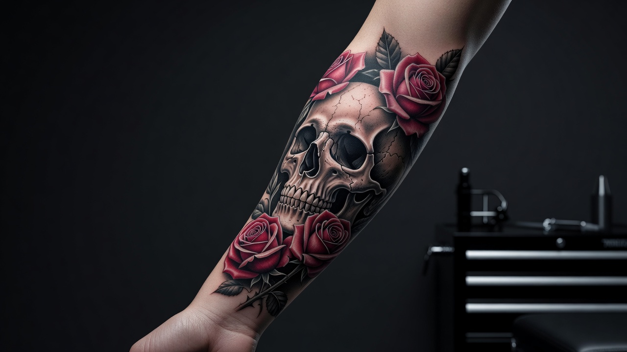Detalhada tatuagem de caveira com acentos de rosa fluindo pelo antebraço e braço