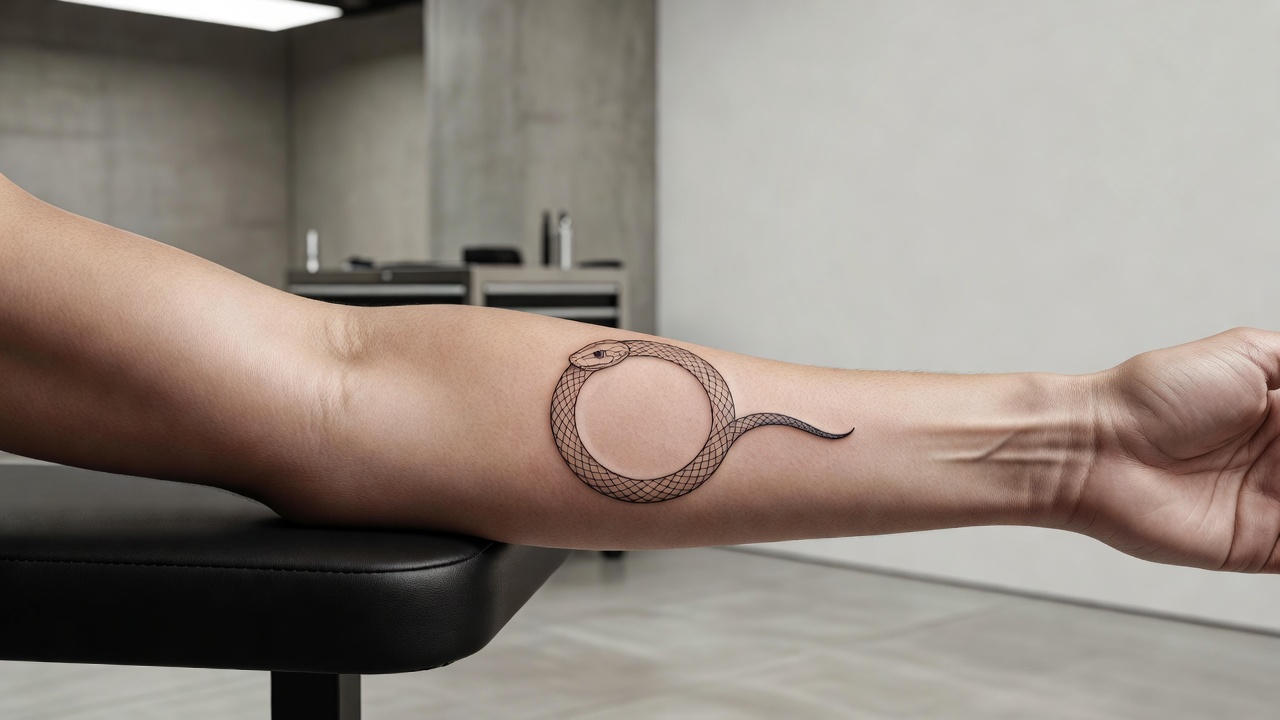 Tatuaż ouroboros tworzący okrąg symbolizujący wieczność i cykl życia