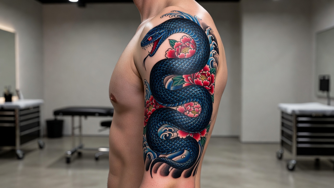 Tatuaż węża w stylu japońskiego irezumi owinięty wokół ramienia symbolizujący ochronę i dobry los