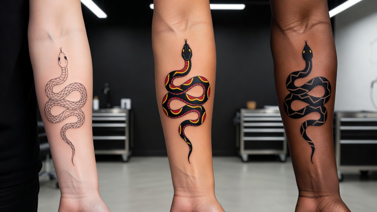 Różne style tatuażu węża pokazane obok siebie, w tym cienka linia, tradycyjny i blackwork