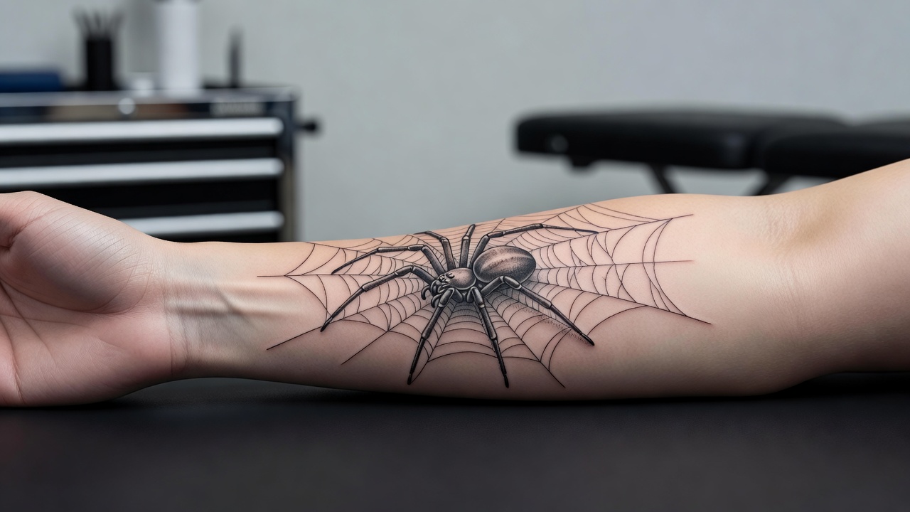 Black and grey realistic spider tattoo on a forearm with fine web detail, a spider tattoo idea