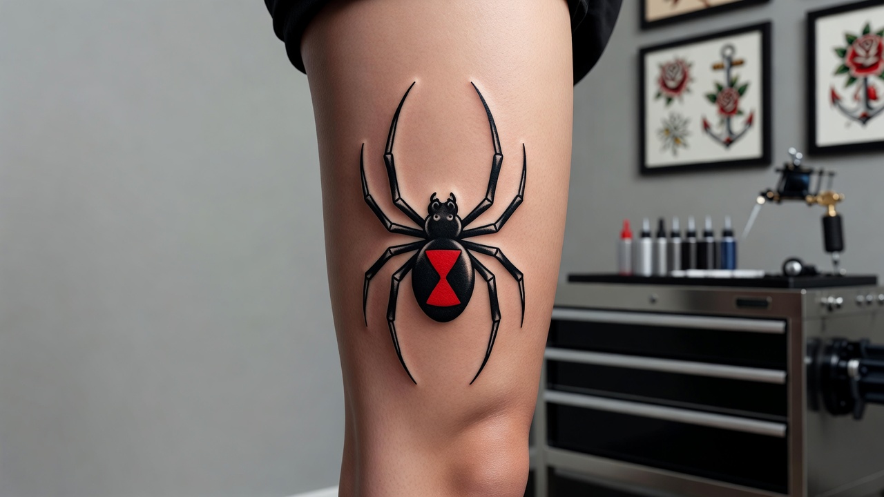 Traditional style black widow spider tattoo with red hourglass and bold outlines on a thigh, a black widow tattoo design