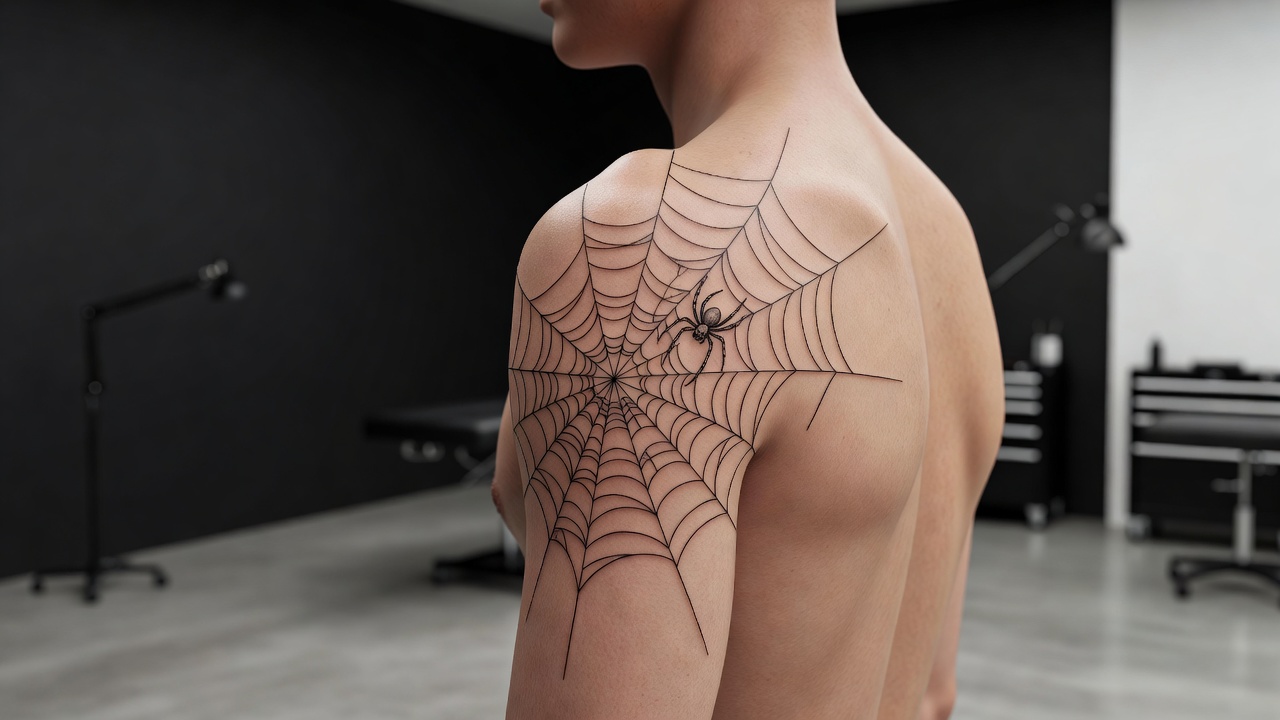 Fine line spider web tattoo wrapping around a shoulder with a small spider, a spider web tattoo idea